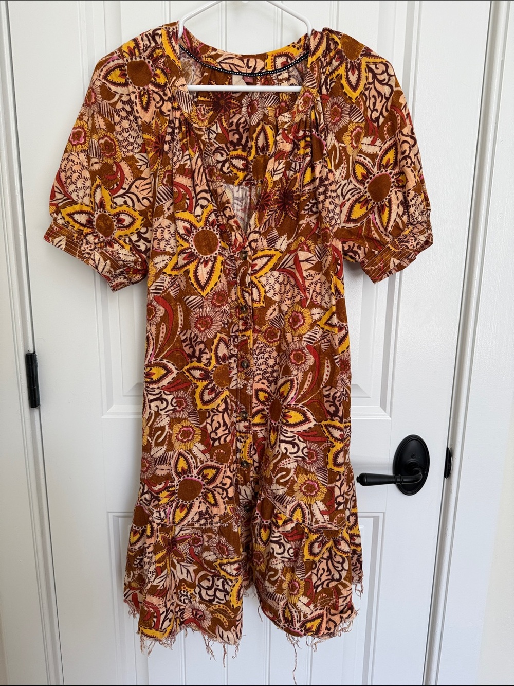 Pilcro Floral Button-Front Romper in Brown, Mustard & Cream